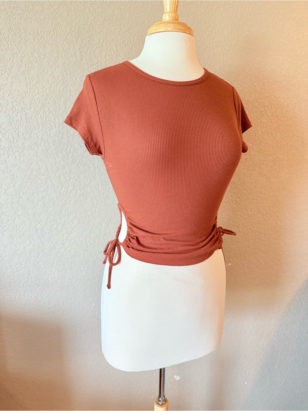 Forever 21 Rust Ribbed Ruched Drawstring Side Crop Top Small